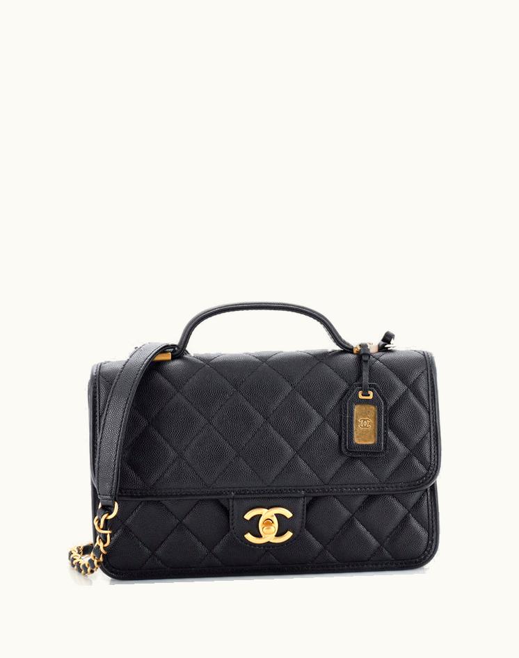 Chanel Chanel School Memory Top Handle Flap Bag Quilted Caviar Small
