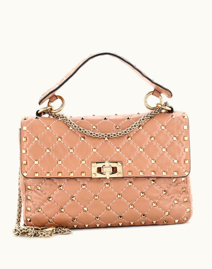 Valentino Valentino Rockstud Spike Flap Bag Quilted Leather Medium in Neutral & Red