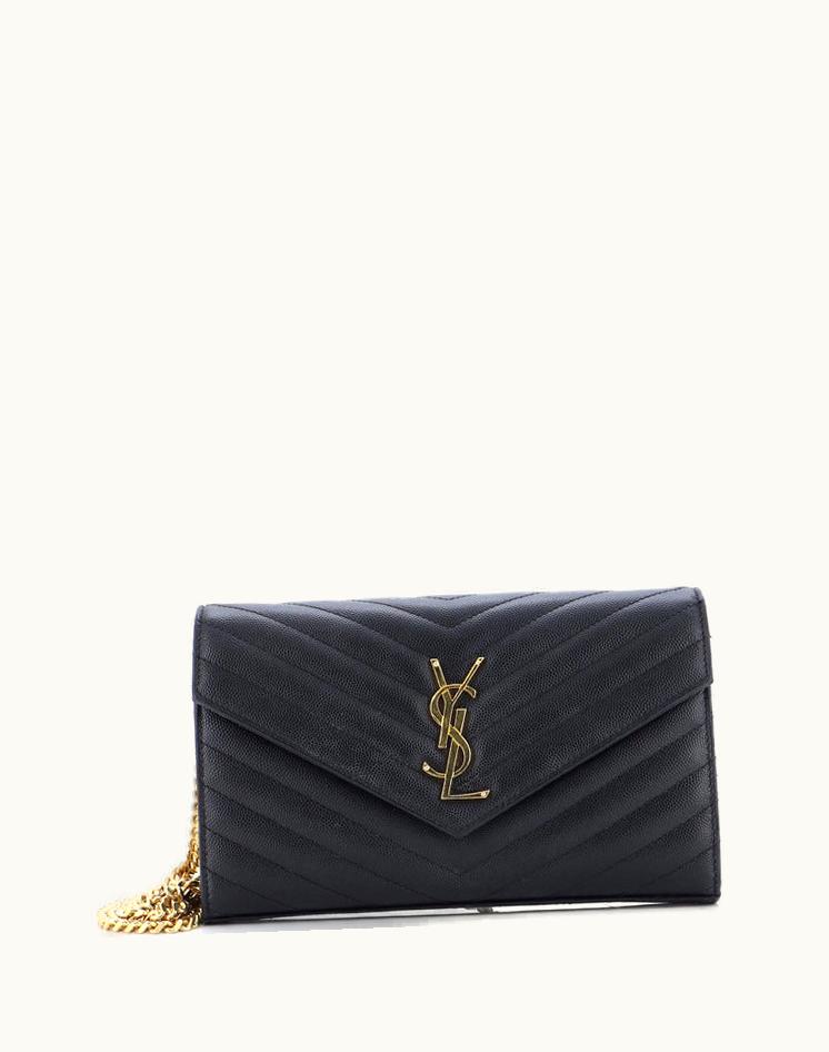 Saint Laurent Saint Laurent Classic Monogram Wallet On Chain Matelasse Chevron Leather Medium Black Gold