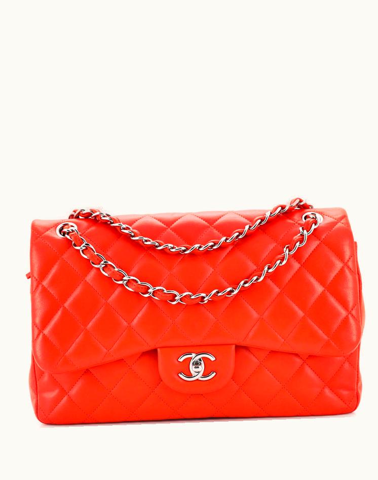 Chanel Chanel Classic Double Flap Bag Quilted Lambskin Jumbo Leather Orange Silver