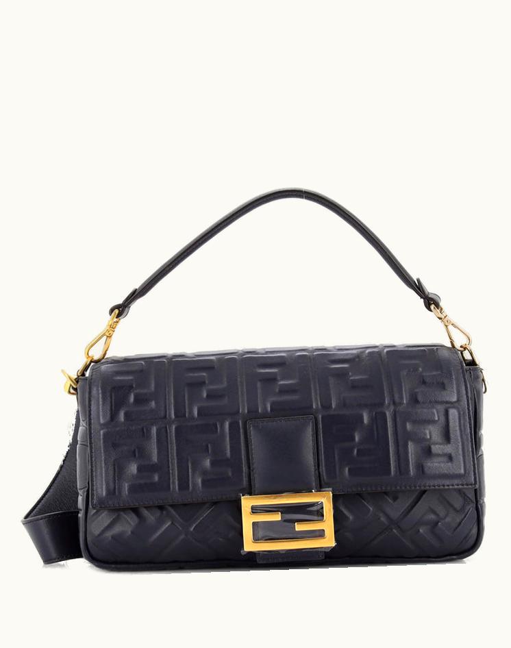 Fendi Fendi Baguette NM Bag Zucca Embossed Leather Large Blue Gold