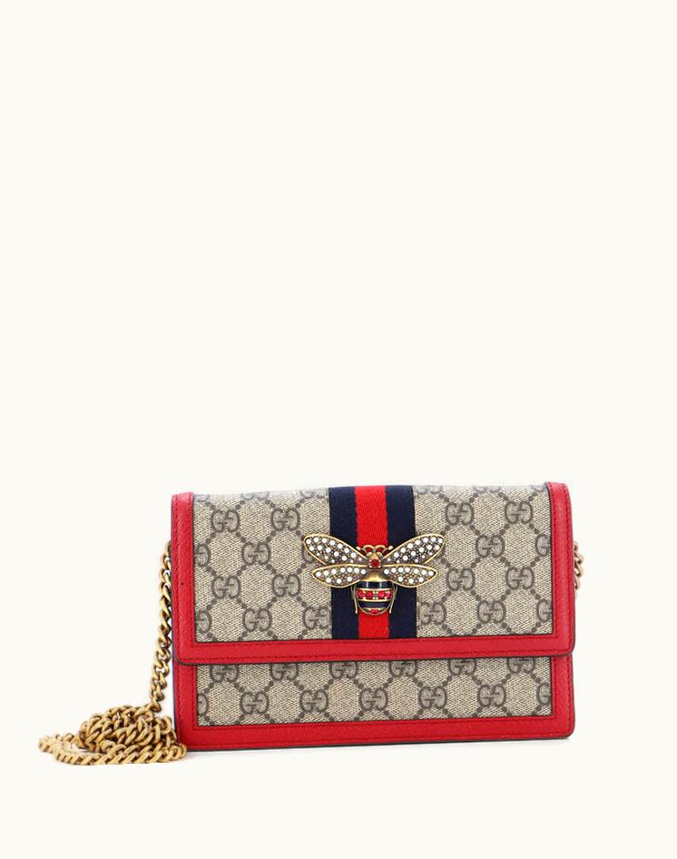 Gucci Gucci Queen Margaret Chain Wallet GG Coated Canvas Mini Aged Gold Brown