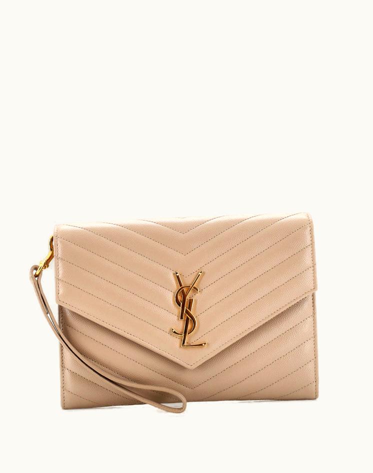 Saint Laurent Saint Laurent Classic Monogram Envelope Wristlet Clutch Matelasse Chevron Leather in Neutral Beige
