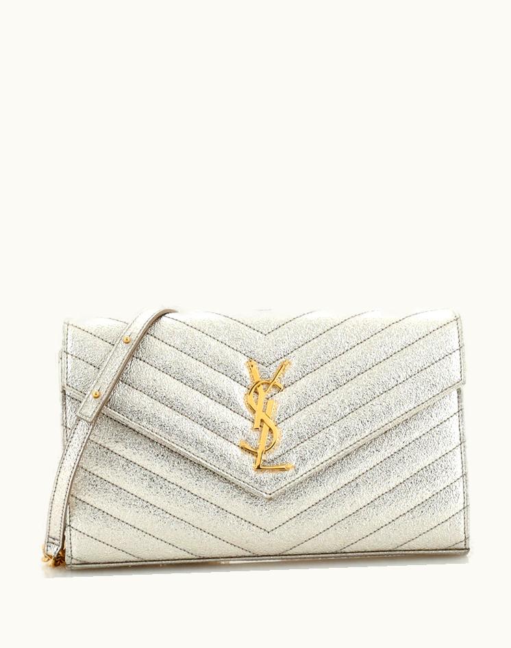 Saint Laurent Saint Laurent Classic Monogram Wallet On Chain Matelasse Chevron Leather Medium in Gold