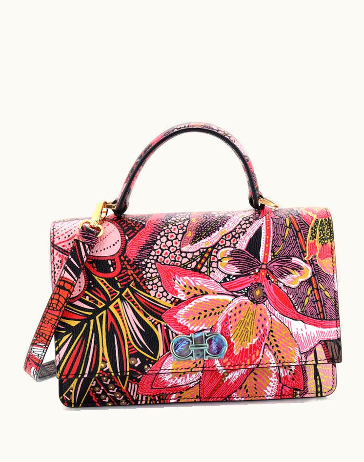 Salvatore Ferragamo Salvatore Ferragamo Gancini Convertible Top Handle Bag Printed Leather Small