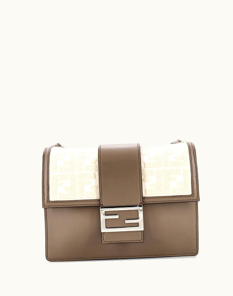 Fendi Fendi Flat Baguette Crossbody Bag Leather With Zucca Jacquard Medium