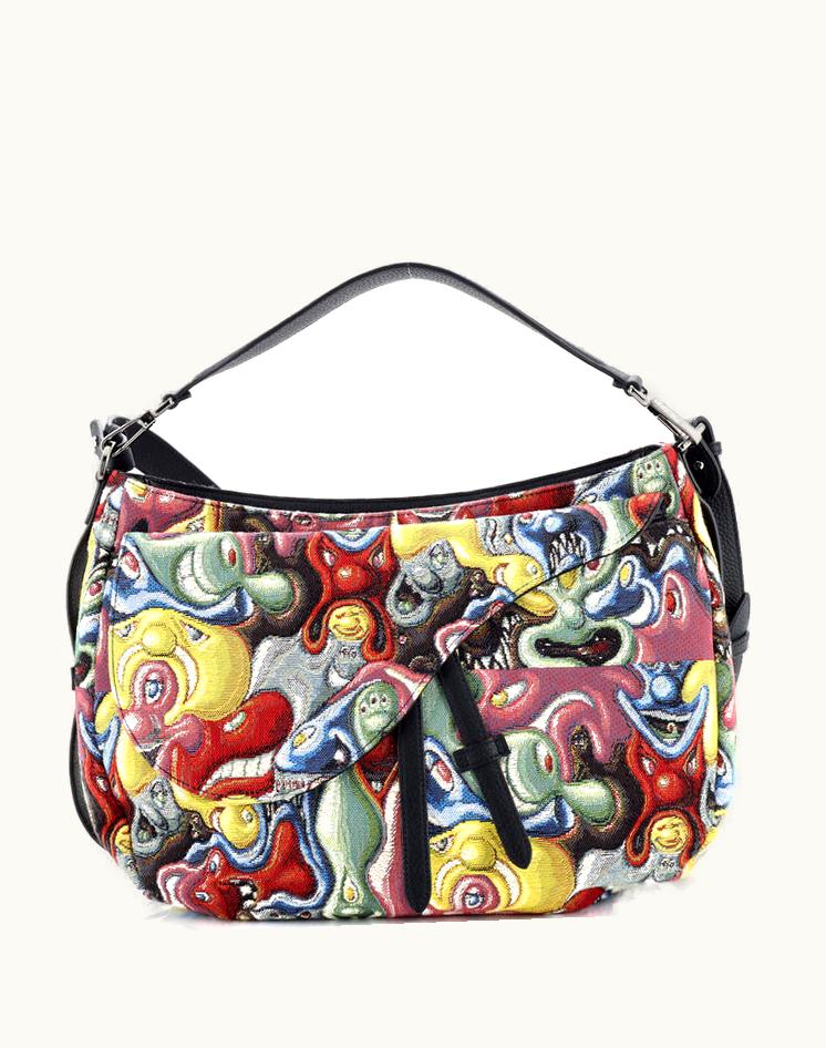 Dior Christian Dior Kenny Scharf Saddle Soft Bag Jacquard Printed Canvas in Gun Metal