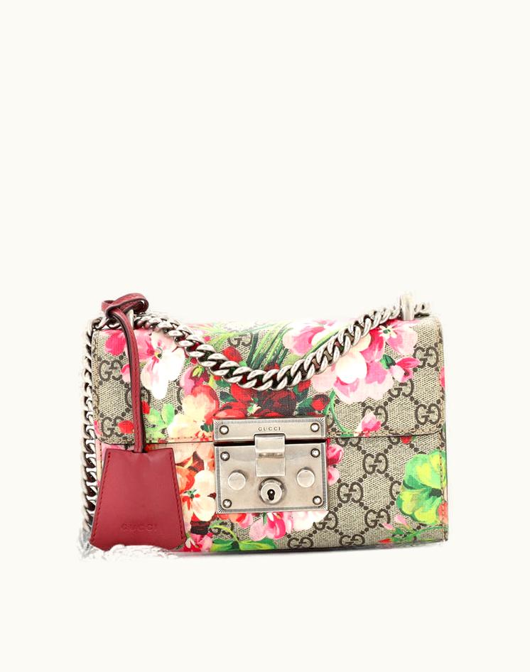 Gucci Gucci Blooms Print GG Coated Canvas Small Padlock Shoulder Bag Pink