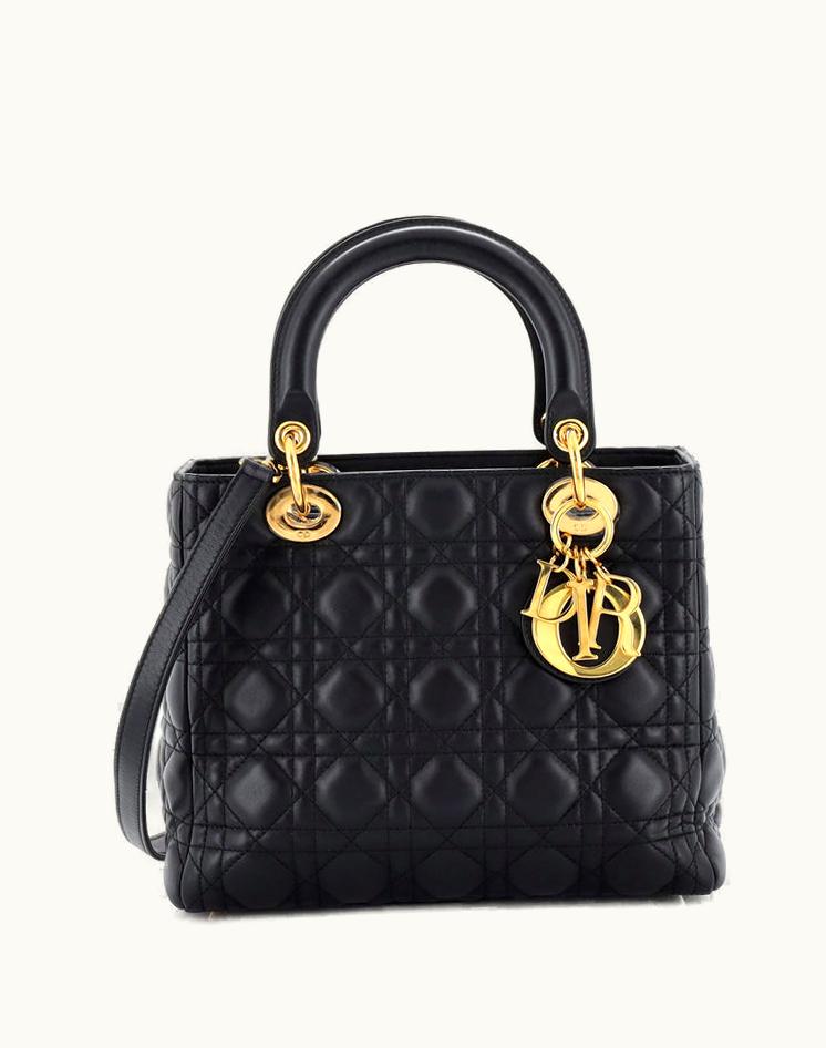 Dior Dior Lady Dior Bag Cannage Quilt Lambskin Medium Black Gold