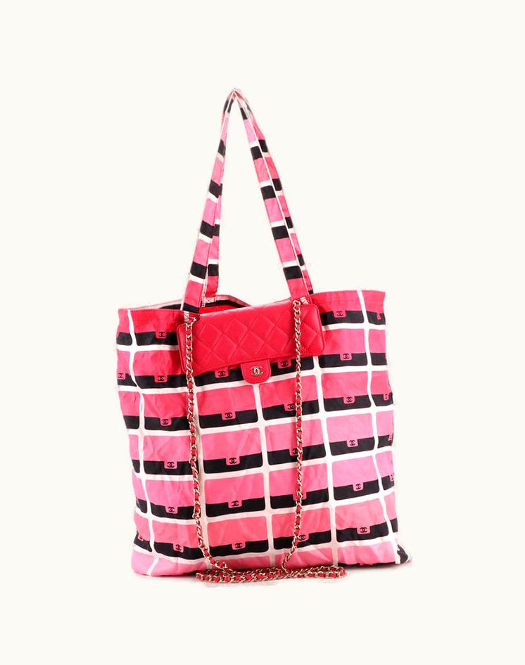 Chanel Chanel Foldable Tote Bag With Chain Quilted Caviar With Printed Nylon in Pink
