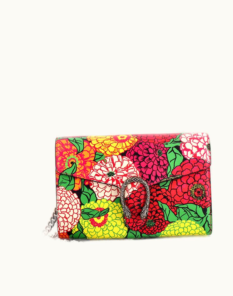 Gucci Gucci Dionysus Wallet On Chain Small Leather Pink Print Aged Silver