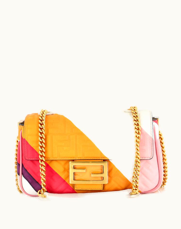 Fendi Fendi Midi Baguette Chain Bag Zucca Embossed Leather Medium Multicolor White Gold