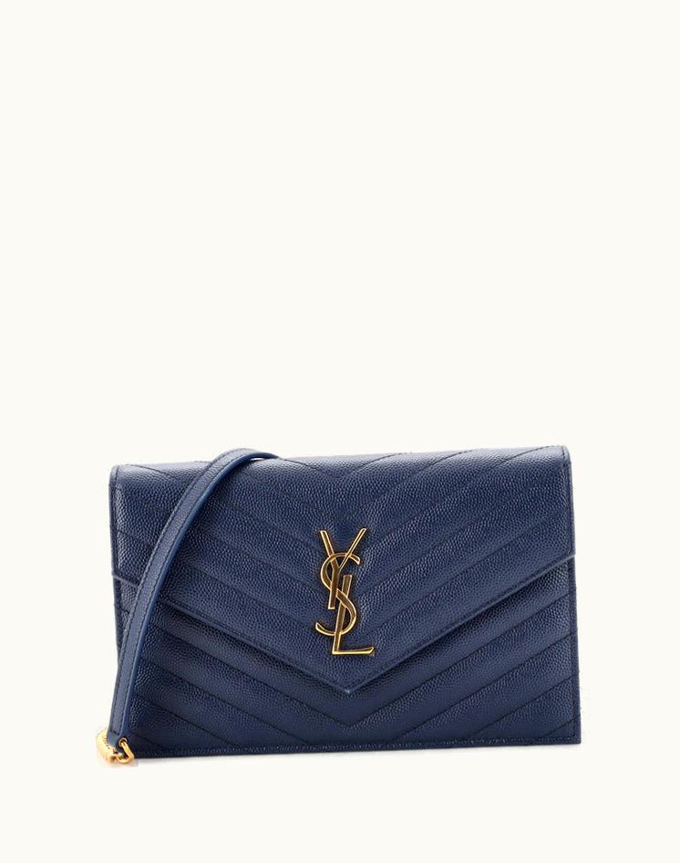 Saint Laurent Saint Laurent Classic Monogram Wallet On Chain Matelasse Chevron Leather Small Blue Gold