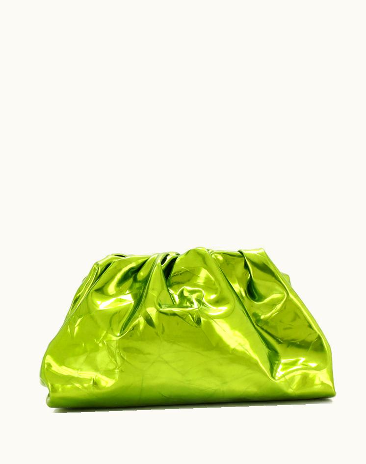 Bottega Veneta Bottega Veneta The Pouch Crinkled Metallic Patent Clutch Green