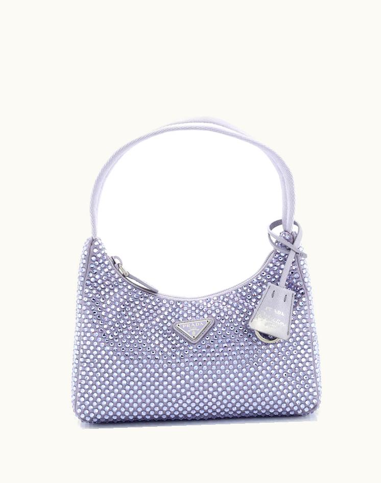 Prada Prada Re-Edition 2000 Hobo Crystal Embellished Satin Mini in Purple