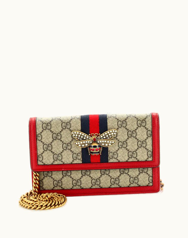 Gucci Gucci Queen Margaret Chain Wallet GG Coated Canvas Mini Brown/Red Aged Gold