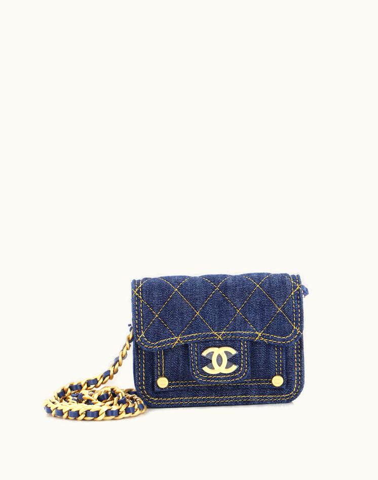 Chanel Chanel Double You CC Flap Clutch With Chain Quilted Denim in Blue