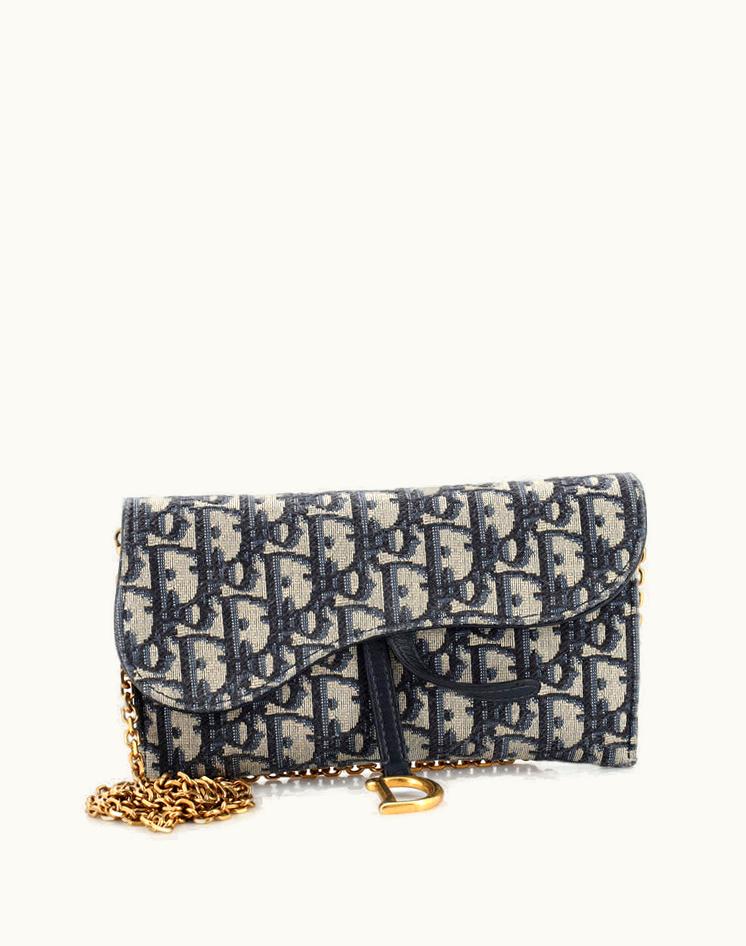 Dior Christian Dior Saddle Chain Wallet Oblique Canvas Blue