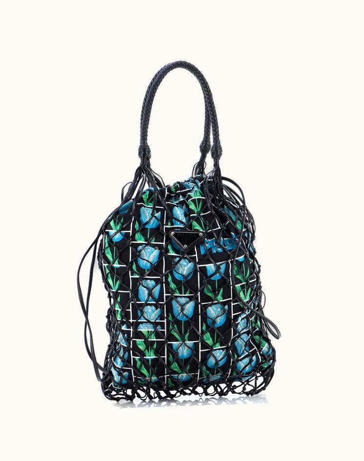 Prada Prada Fishnet Tote Woven Leather And Printed Tessuto