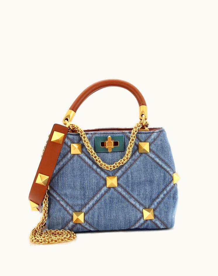 Valentino Valentino Roman Stud Top Handle Bag Quilted Denim Small
