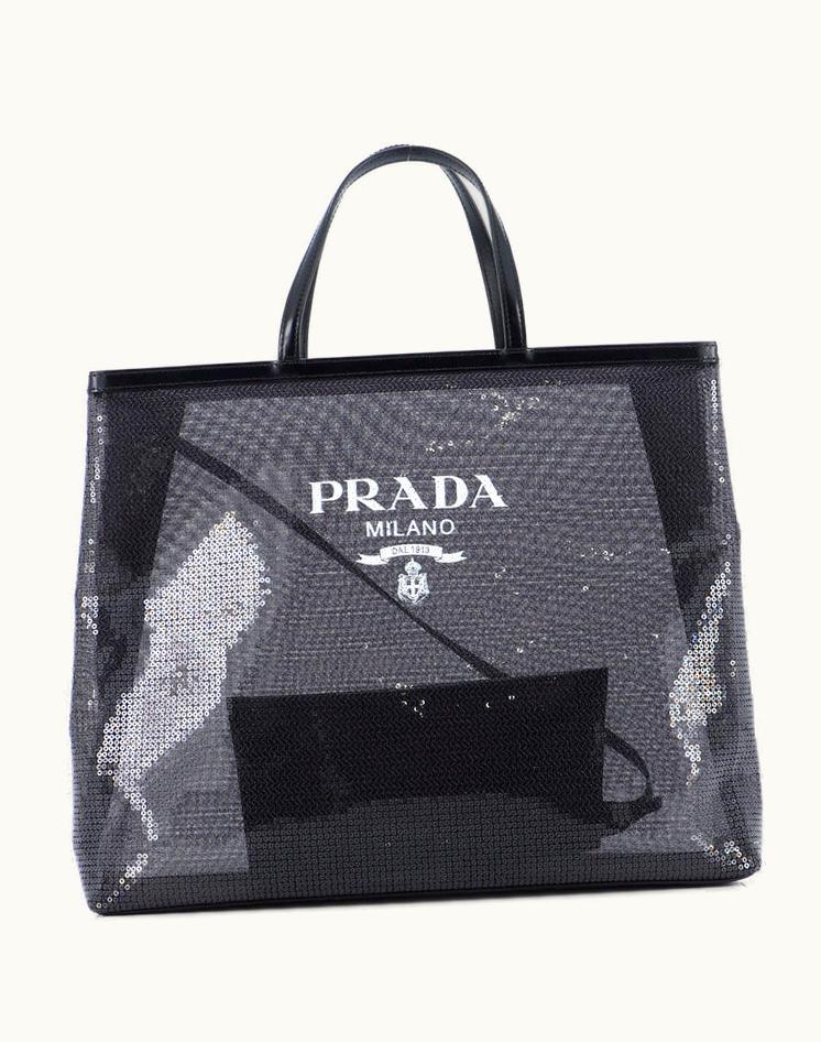 Prada Prada Logo Open Tote Sequined Mesh Large Black Mesh and Sequins