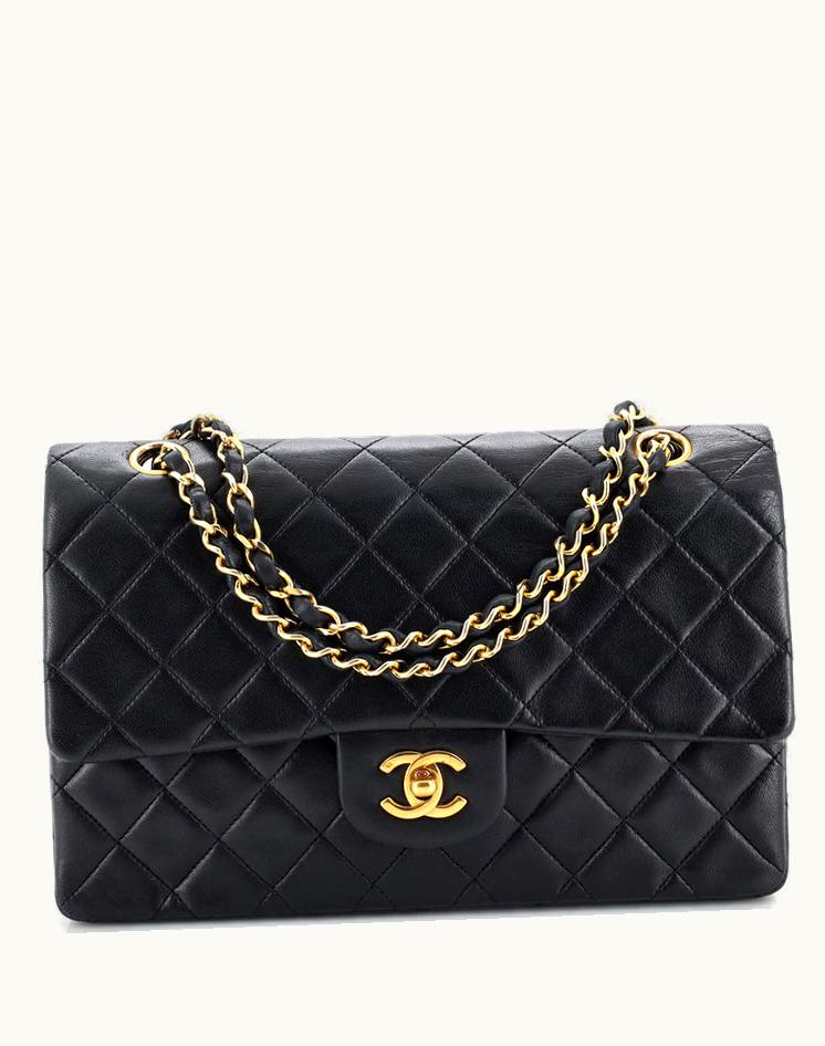 Chanel Chanel Vintage Classic Double Flap Bag Quilted Lambskin Medium Fair Black Red Gold
