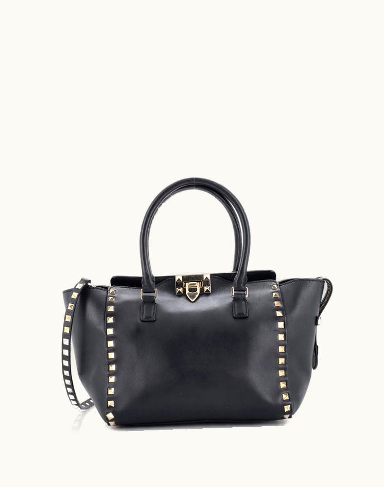 Valentino Valentino Garavani Rockstud Tote Rigid Leather Small Black Gold