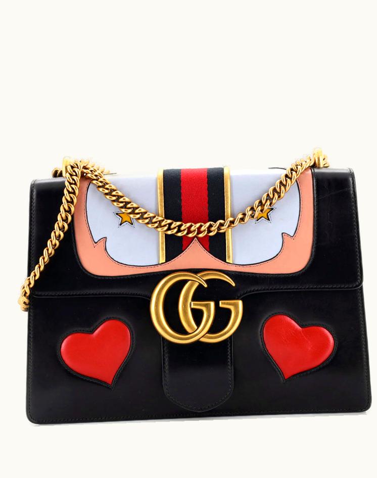 Gucci Gucci Marmont Web Heart GG Chain Shoulder Bag Leather Medium Black