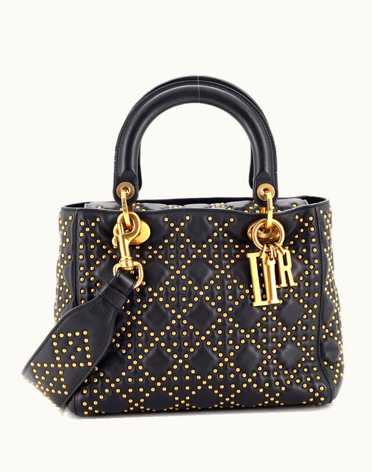 Dior Dior Supple Lady Dior Bag Cannage Studded Lambskin Medium Black Gold