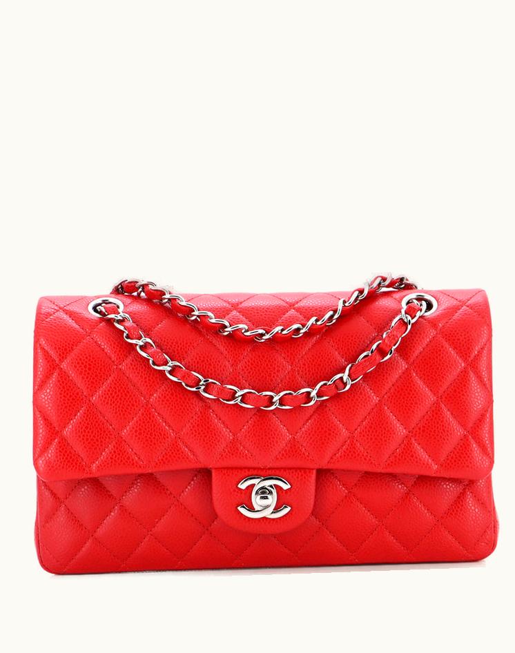 Chanel Chanel Classic Double Flap Bag Quilted Caviar Medium Red Leather Silver