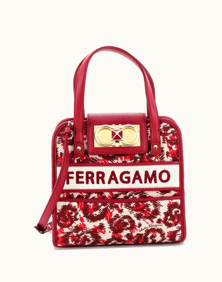 Salvatore Ferragamo Salvatore Ferragamo Iconic Double Gancini Tote Bag Printed Canvas With Leather Mini