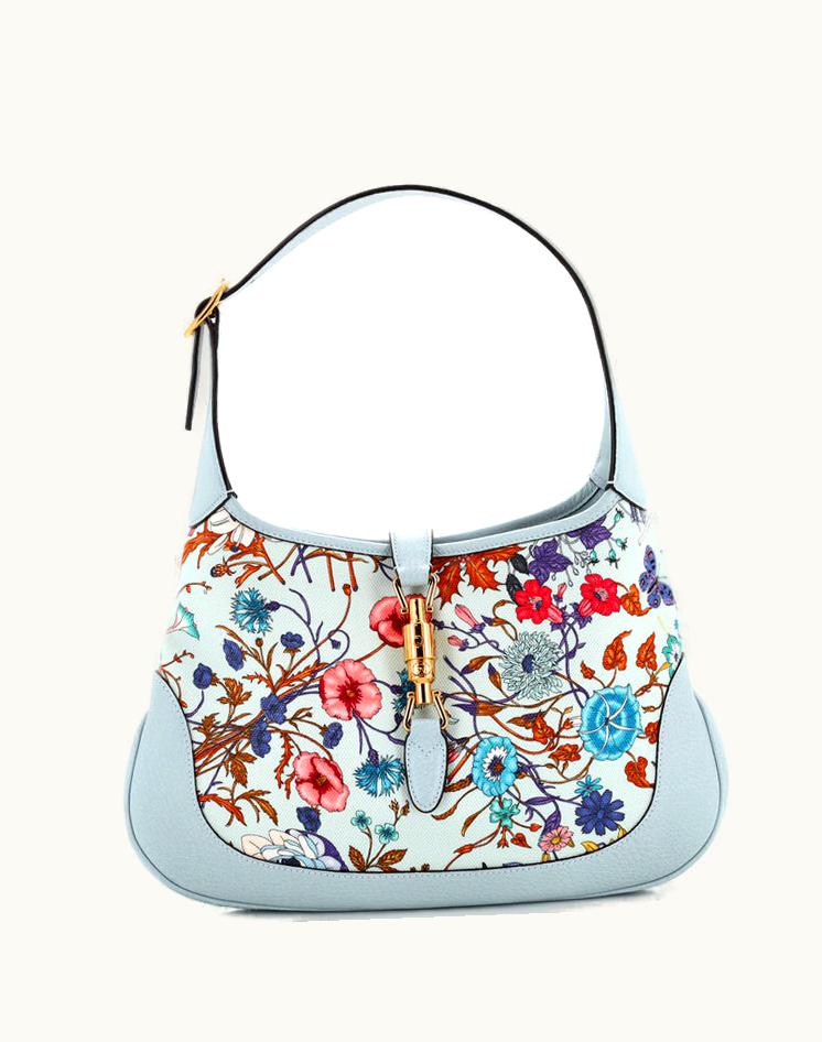 Gucci Gucci Jackie Hobo Flora Canvas With Leather Medium - Blue Plain Canvas/Gold