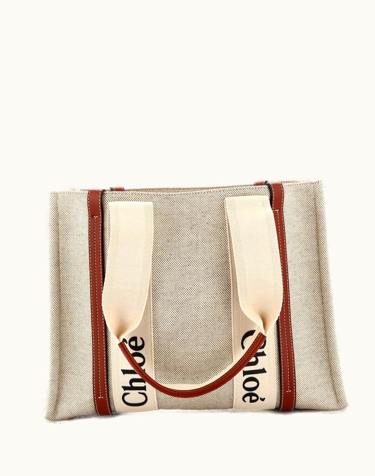Chloe Chloe Woody Tote Canvas With Leather Medium Beige Luxe