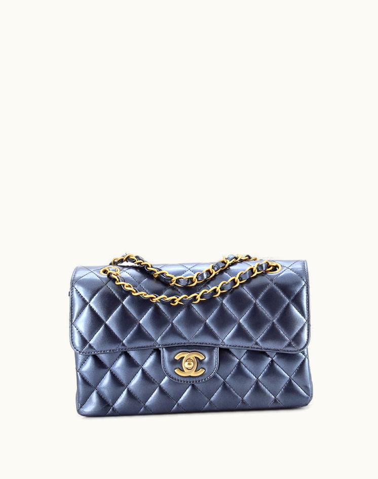 Chanel Chanel Classic Double Flap Bag Quilted Lambskin Small Metallic Blue Gold