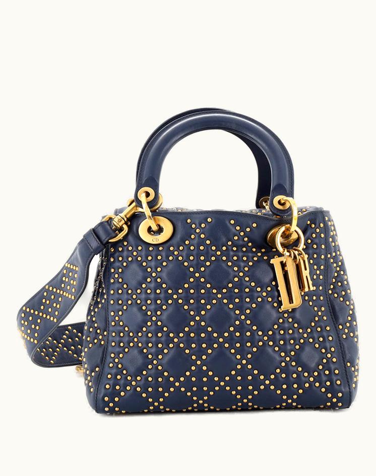 Dior Dior Supple Lady Dior Bag Cannage Studded Lambskin Medium Blue Leather