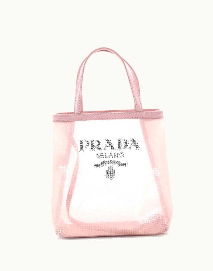 Prada Prada Logo Open Tote Sequined Mesh Small Luxury Tote Pink