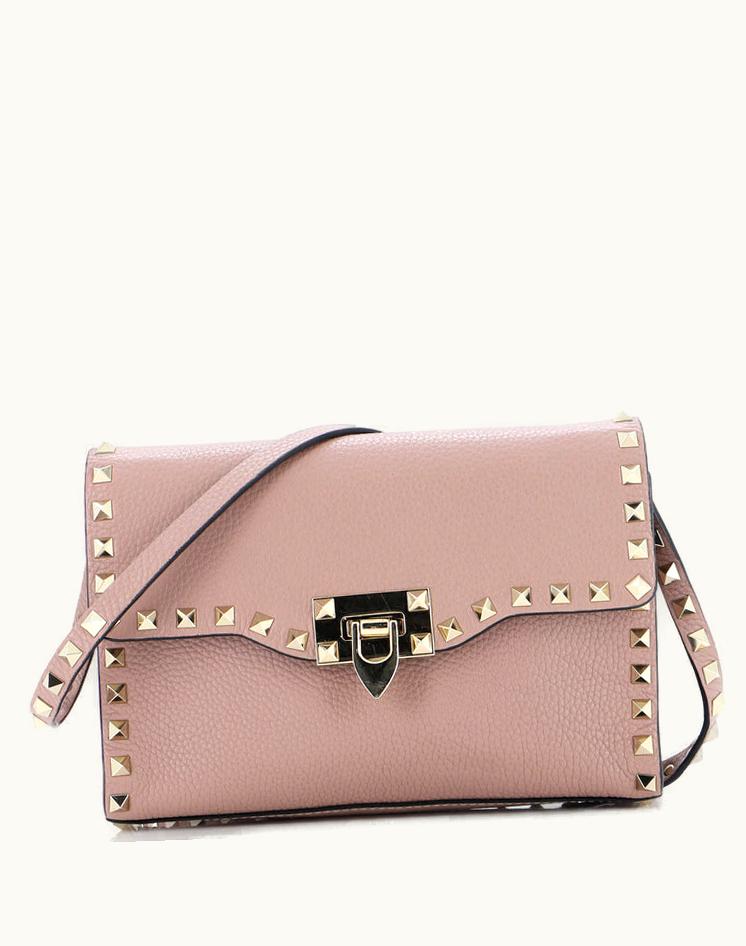 Valentino Valentino Rockstud Flip Lock Flap Bag Leather Medium Pink Gold