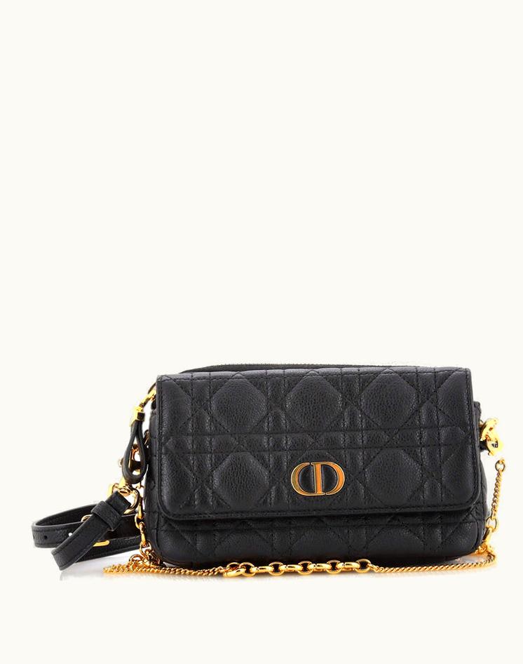 Dior Christian Dior Caro Flap Double Pouch Crossbody Bag Cannage Quilt Calfskin in Black Leather with Gold Hardware