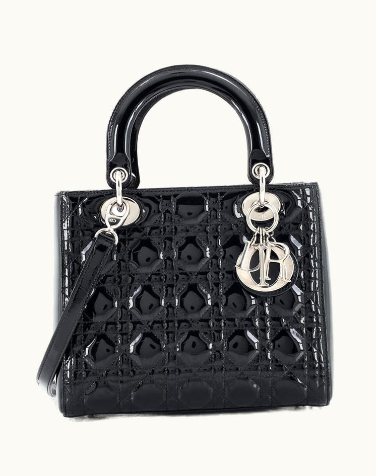 Dior Christian Dior Lady Dior Bag Cannage Quilt Patent Medium Black Silver