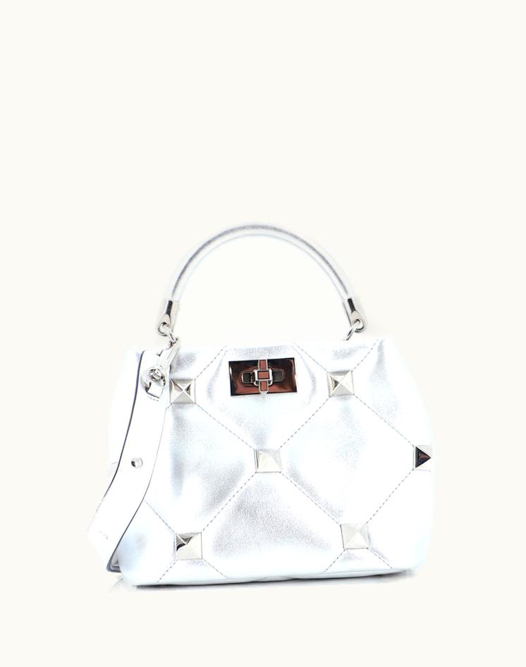 Valentino Valentino Roman Stud Top Handle Bag Quilted Leather Small Silver