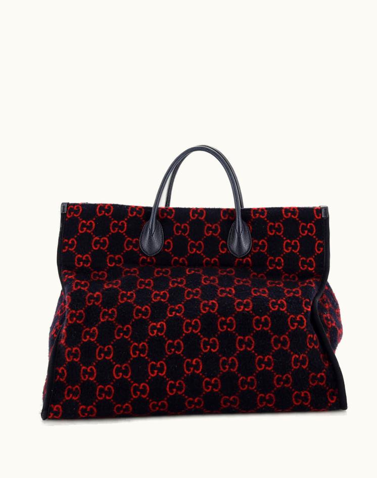 Gucci Gucci GG Wool Large Shopping Tote Blue Wool Red Fabric Aged Gold