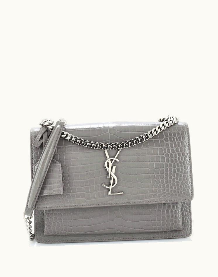 Saint Laurent Saint Laurent Sunset Crossbody Bag Crocodile Embossed Leather Medium Gray