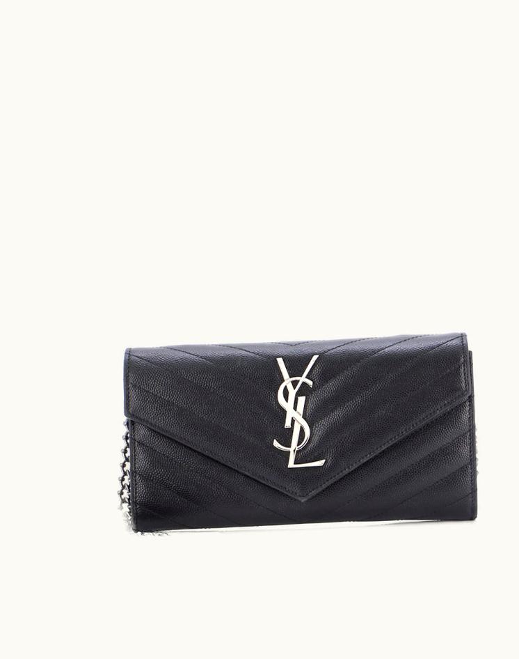 Saint Laurent Saint Laurent Classic Monogram Wallet On Chain Matelasse Chevron Leather Small Black Gunmetal