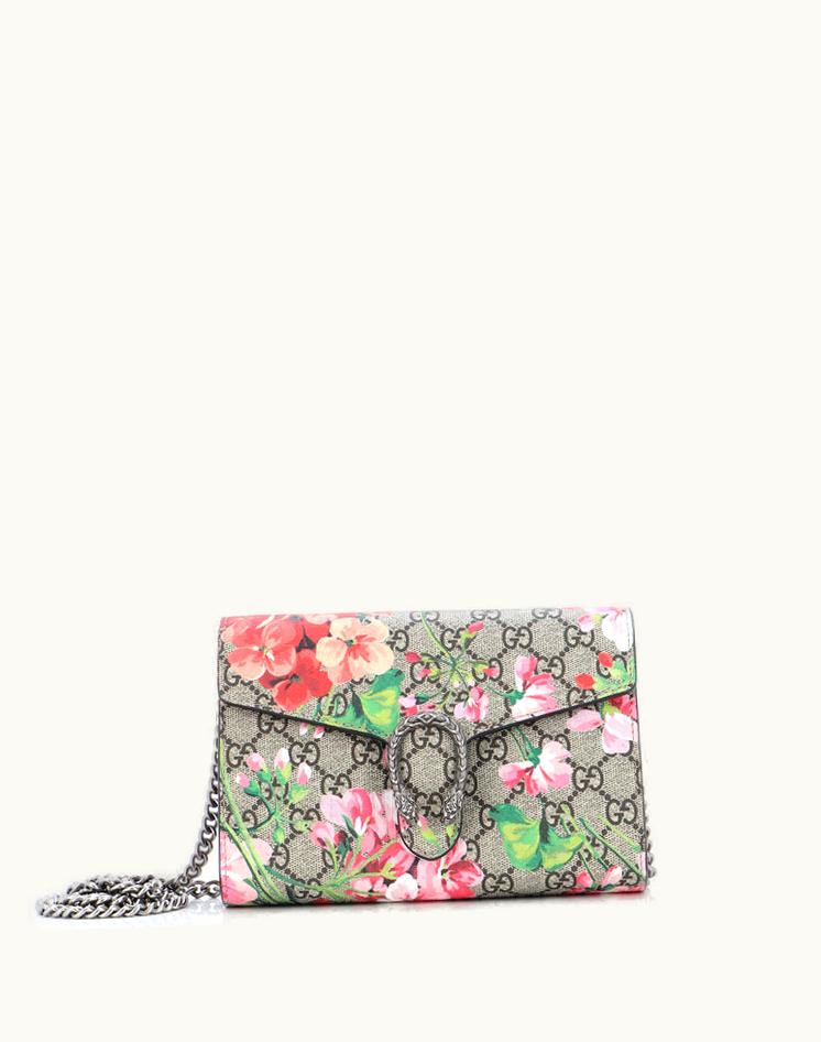 Gucci Gucci Dionysus Chain Wallet Blooms Print GG Coated Canvas Small Pink Aged Silver