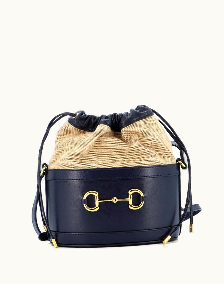 Gucci Gucci 1955 Horsebit Bucket Crossbody Bag Leather And Canvas Small Blue Red