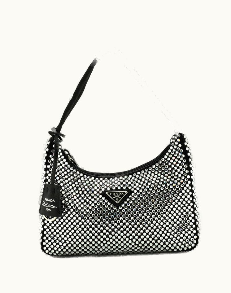 Prada Prada Re-Edition 2000 Hobo Crystal Embellished Satin Mini Luxury Bag in Black