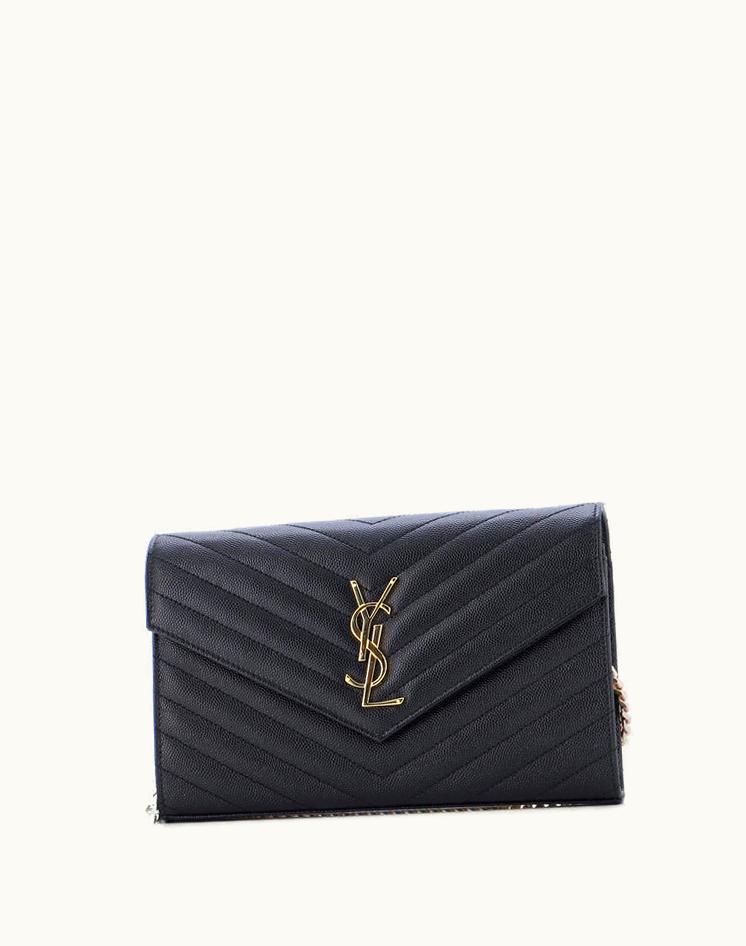 Saint Laurent Saint Laurent Classic Monogram Wallet On Chain Matelasse Chevron Leather Medium in Black Gold