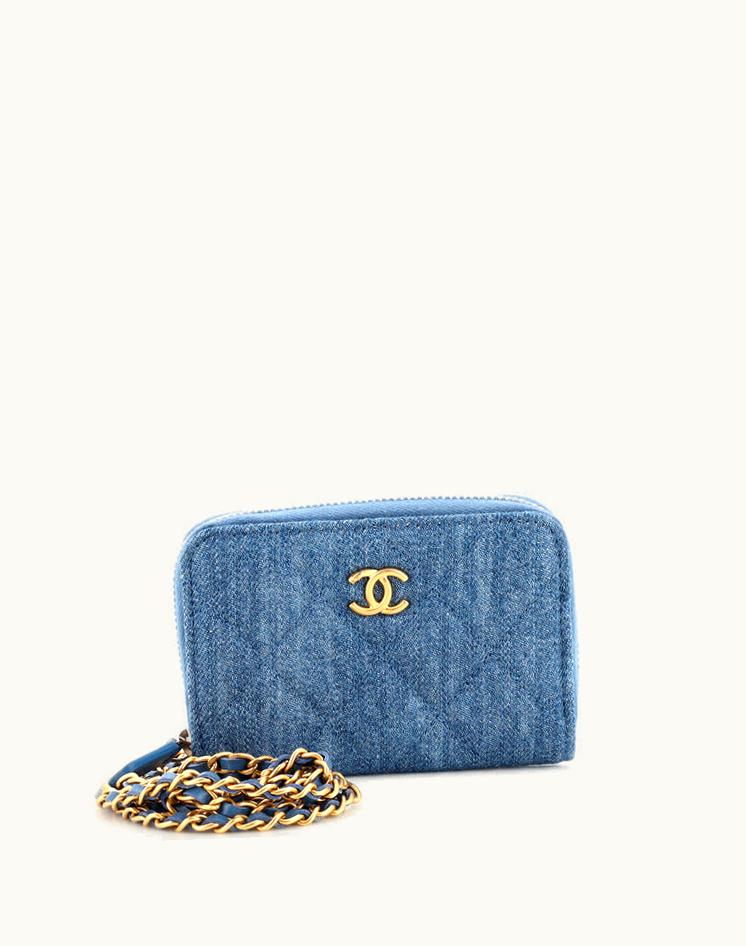 Chanel Chanel Pearl Crush Zip Around Card Holder On Chain Quilted Denim