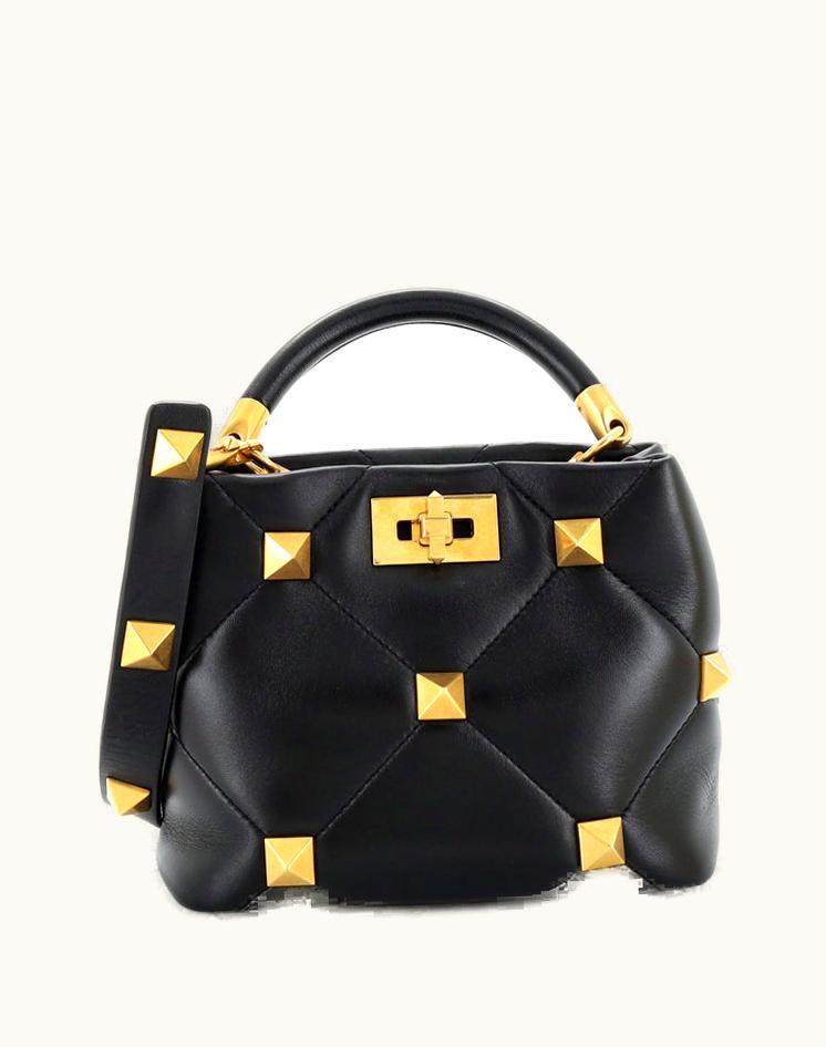 Valentino Valentino Garavani Roman Stud Top Handle Bag Quilted Leather Small Black-Gold