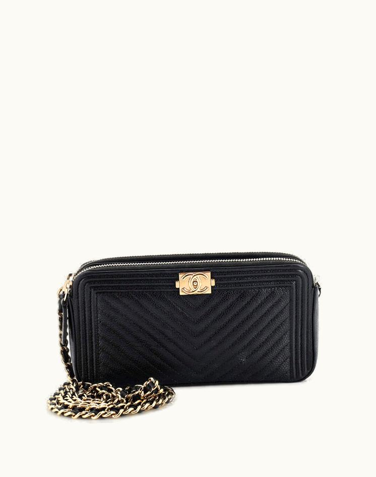 Chanel Chanel Boy Double Zip Clutch With Chain Chevron Caviar
